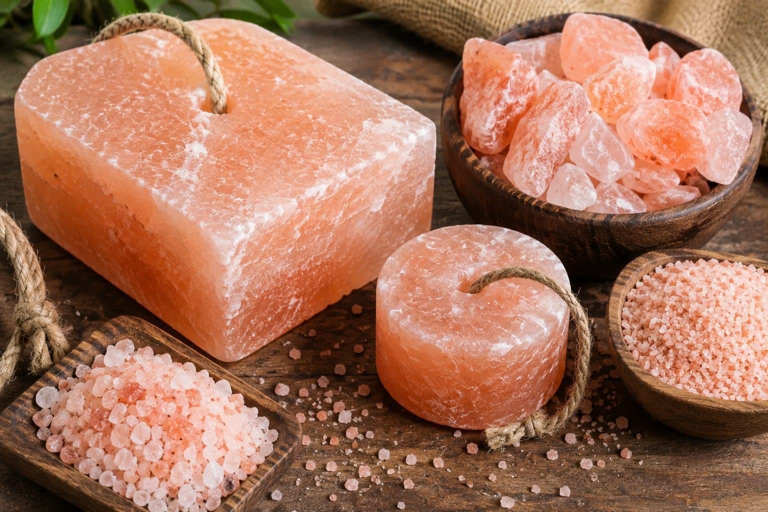 Pink rock salt lick blocks with rope hangers, beside bowls of loose rock salt on a wooden surface.