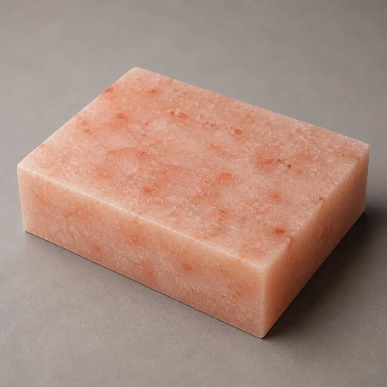 A rectangular pressed pink salt block with square faces.