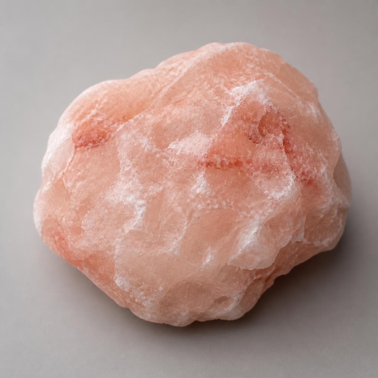 An undressed lump of pink rock salt with a rough natural surface.