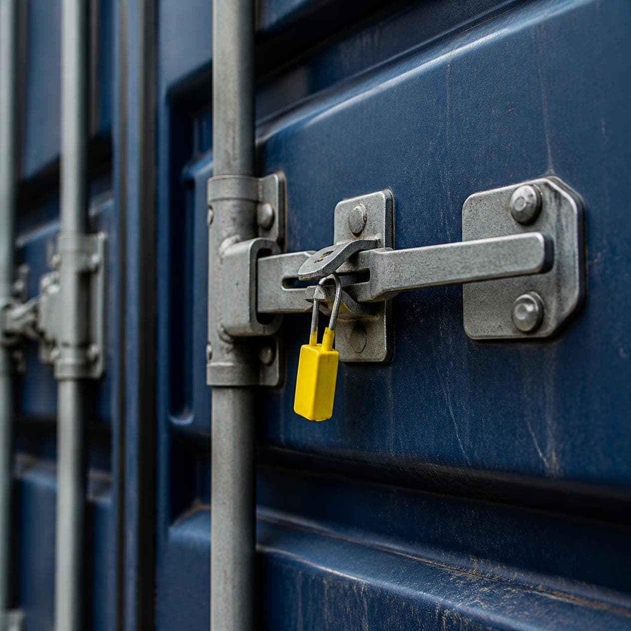 A container door bolted shut with a yellow security seal.