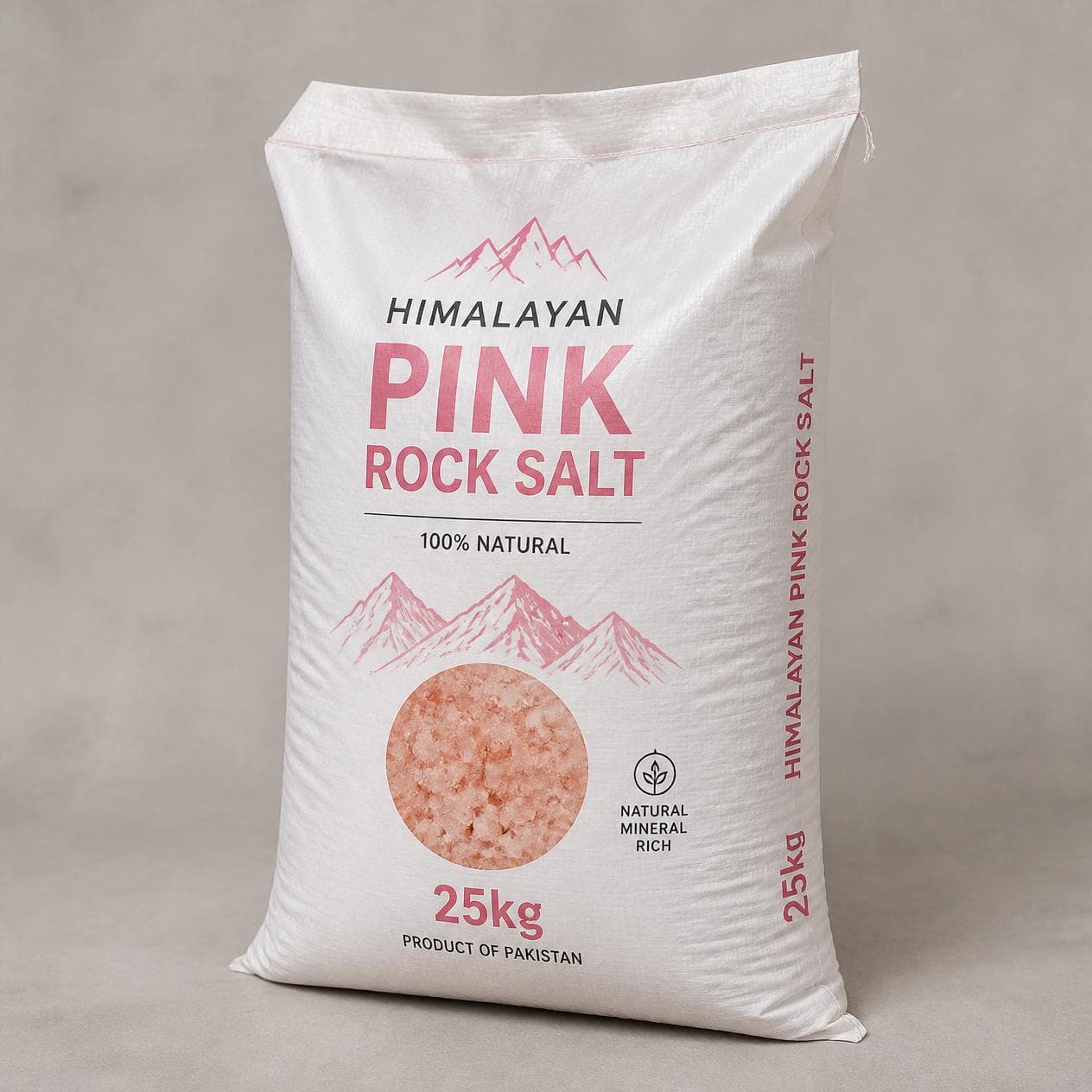 A 25 kg woven polypropylene sack of pink salt.
