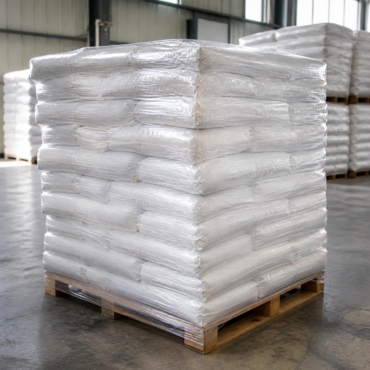 Sacks of salt stacked and wrapped on a pallet.