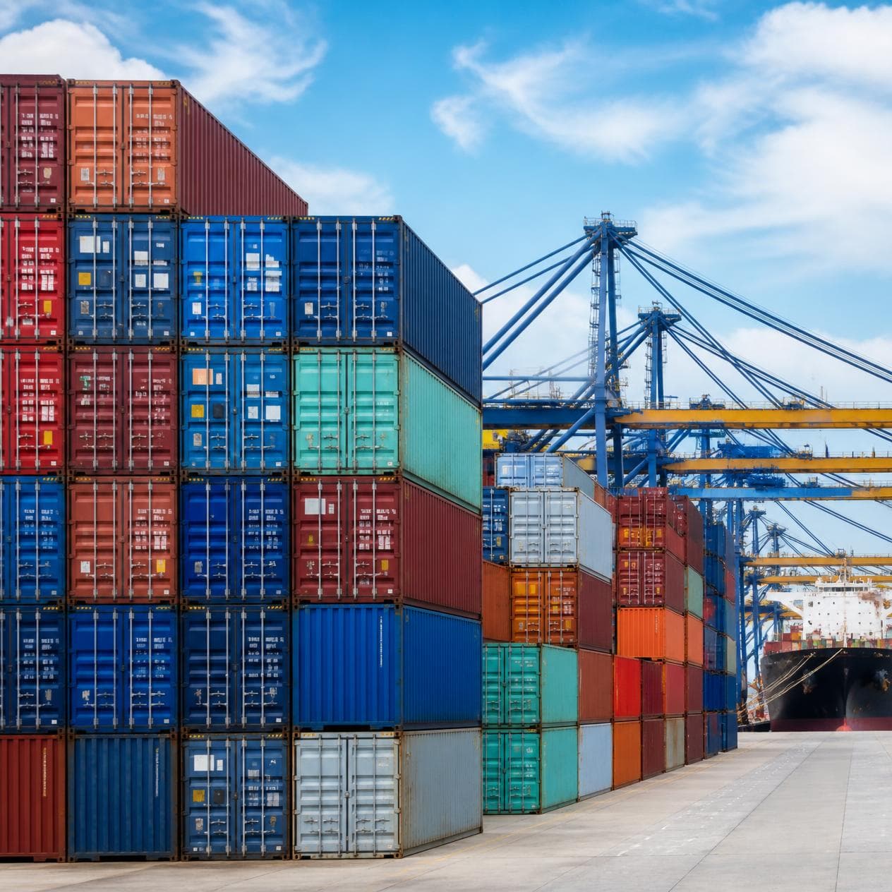 Stacked shipping containers at a port terminal.