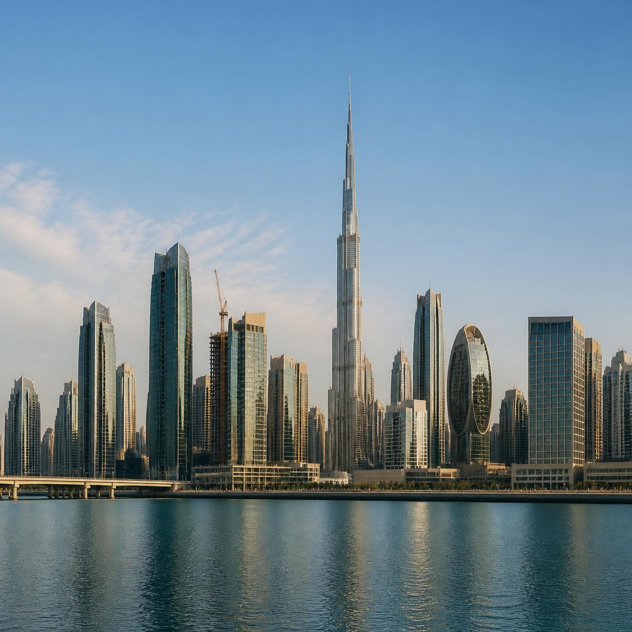 A Gulf city waterfront skyline of glass towers under clear sky.