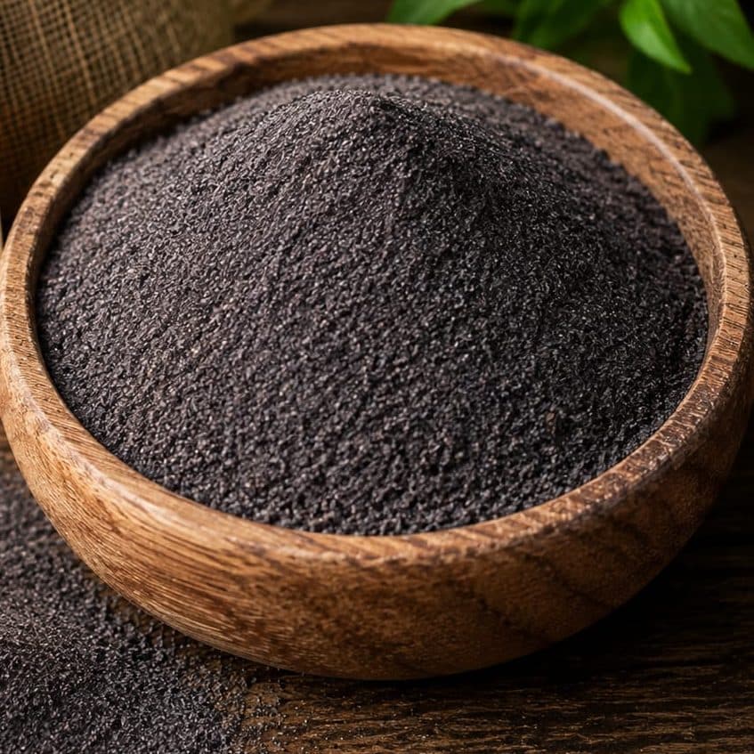 Fine-ground black salt in a wooden bowl.