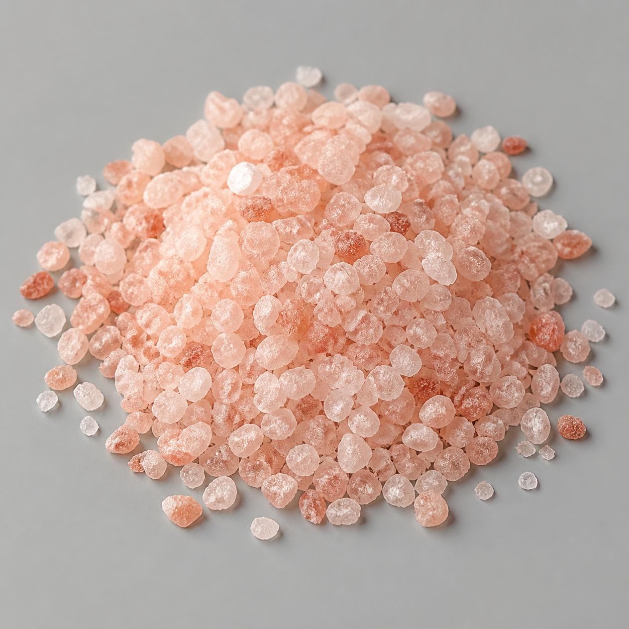 Pale pink coarse rock salt crystals.