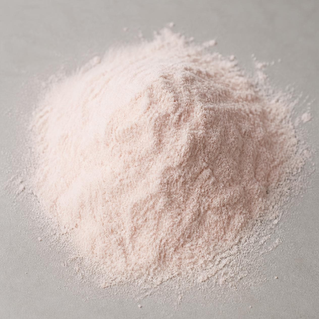 Pale pink rock salt milled to a powder.