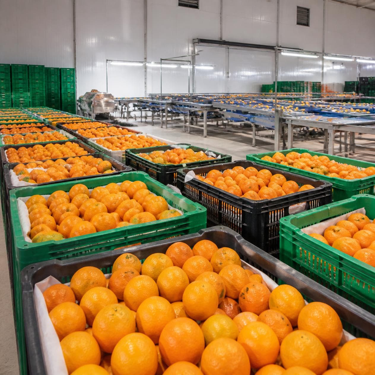 Citrus graded into crates and trays along a packing-house line.