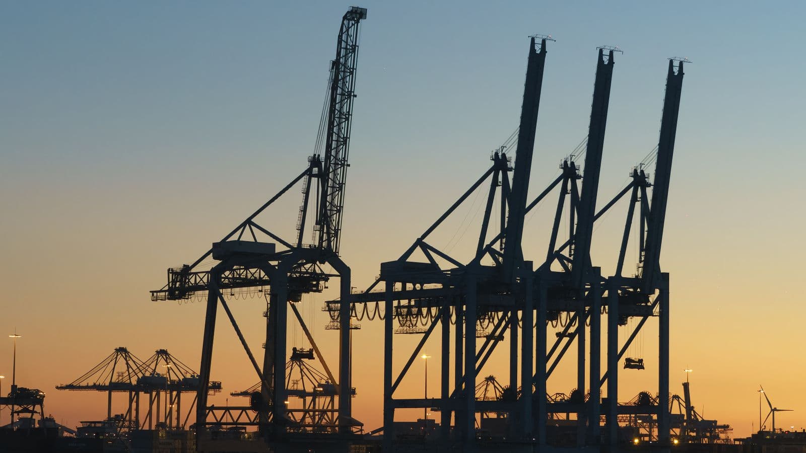 Container gantry cranes silhouetted at dusk in a European port.